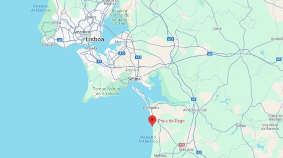Mapa de la ubicación de El Oasis Retiros cerca de Praia do Pego, Comporta